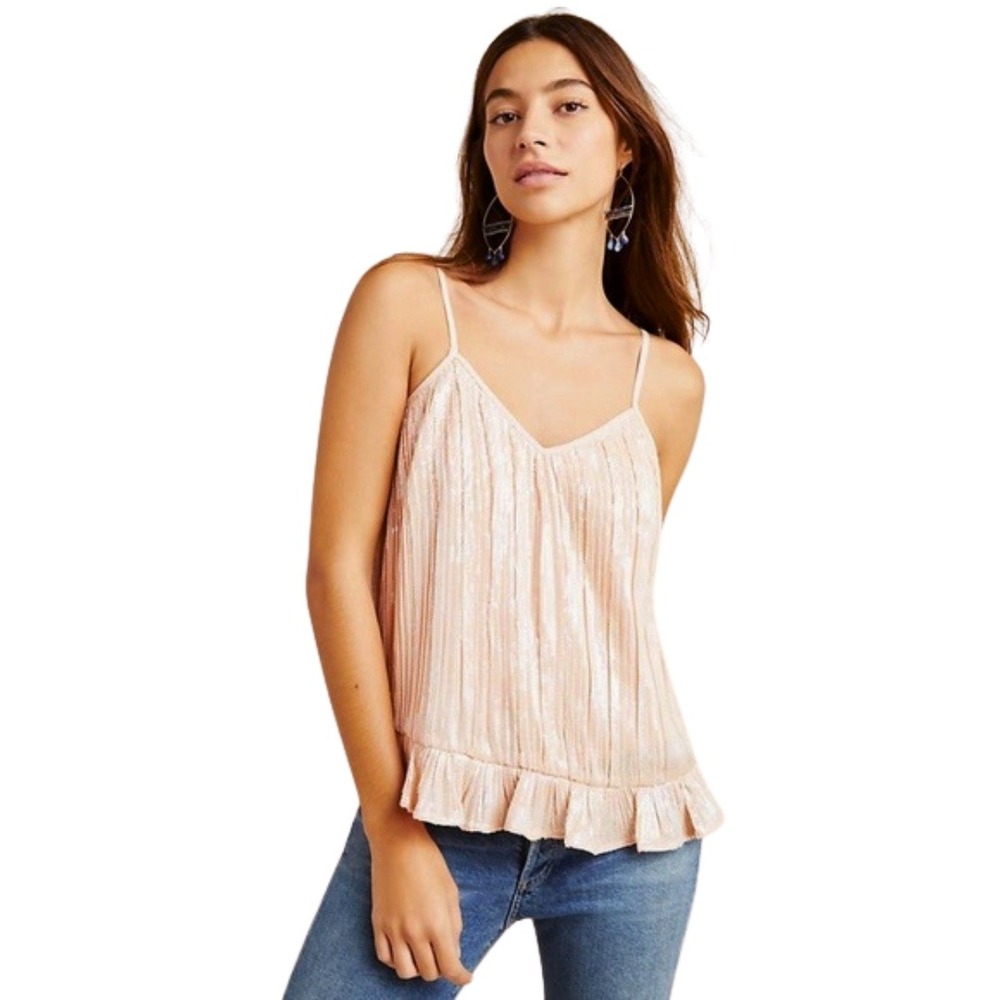 Anthropologie Top Womens Size 14 Peach Pink Iridescent Sequin Ruffle Hem Cami
